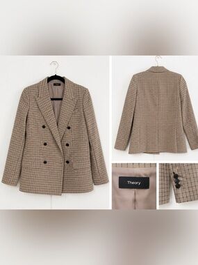 Theory Taupe Windowpane Double-Breasted Blazer